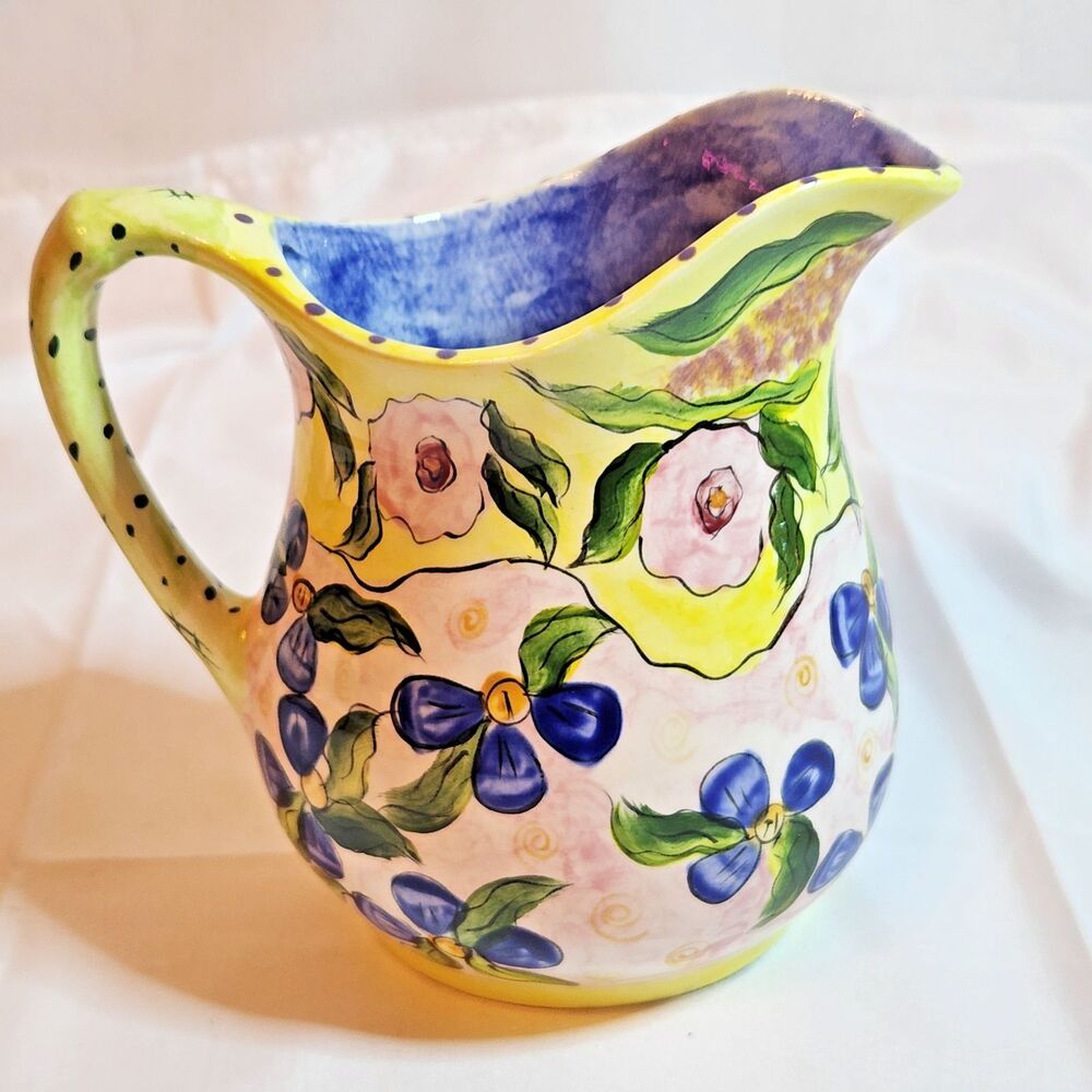 Hand Painted Floral Ceramic Pitcher Vase Signed Laura 97 Yellow Blue Pink